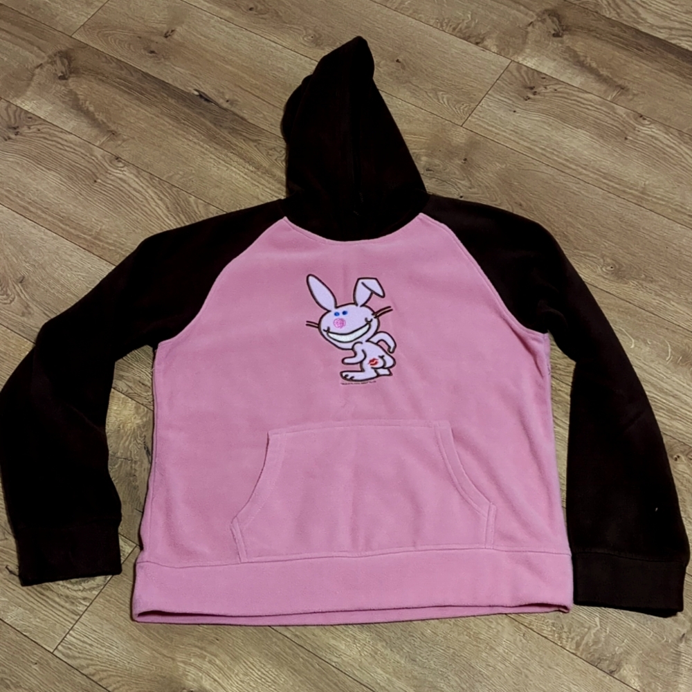 It’s Happy Bunny Vintage Y2K Kiss my A** Pink Fleece Hoodie Juniors Size XL